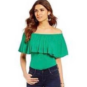 M Gianni Bini Teal Elsie Off The Shoulder Ruffle Open Neck Bodysuit Top